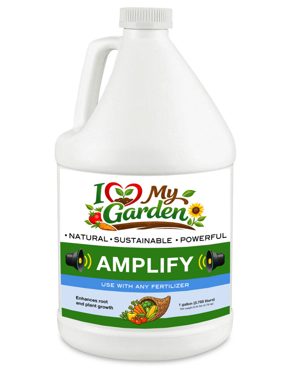 Gallon container of '100 My Garden Amplify' fertilizer on a white background